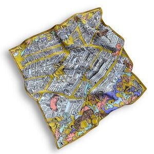 Colorful Illustrated Silk Scarf with Yellow Border
